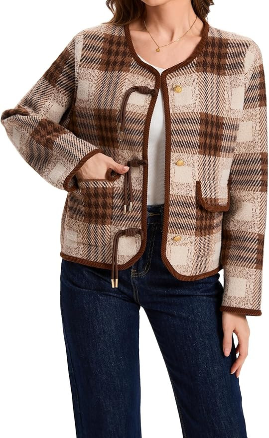 HOULENGS Women's Vintage Button Down Cardigan Sweater Plaid Print Long Sleeve Knit Coat with Pock... | Amazon (US)