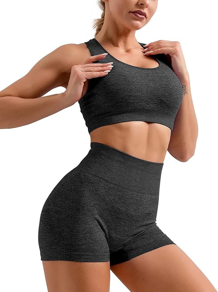 HYZ Women's Sleeveless 2 Piece Outfits High Waist Workout Shorts Yoga Sports Racerback Bra Sets | Amazon (US)