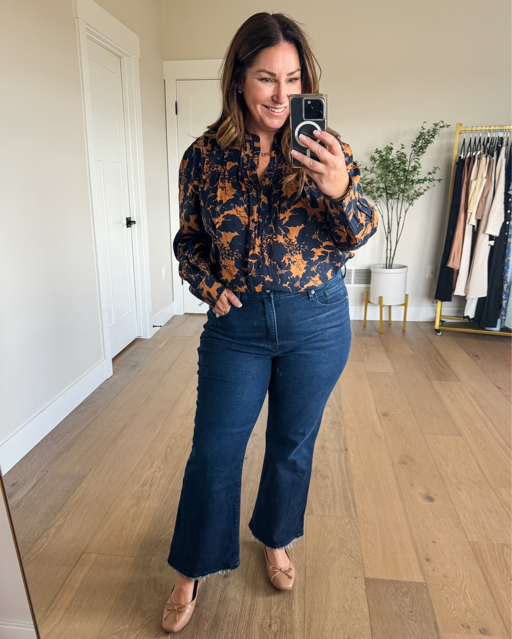 NSALE fall outfit with dark wash jeans wearing large in blouse and 14 in jeans 

#LTKMidsize #LTKxNSale #LTKSummerSales