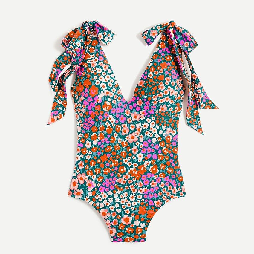 Tie-shoulder one-piece swimsuit in micro meadow print | J.Crew US