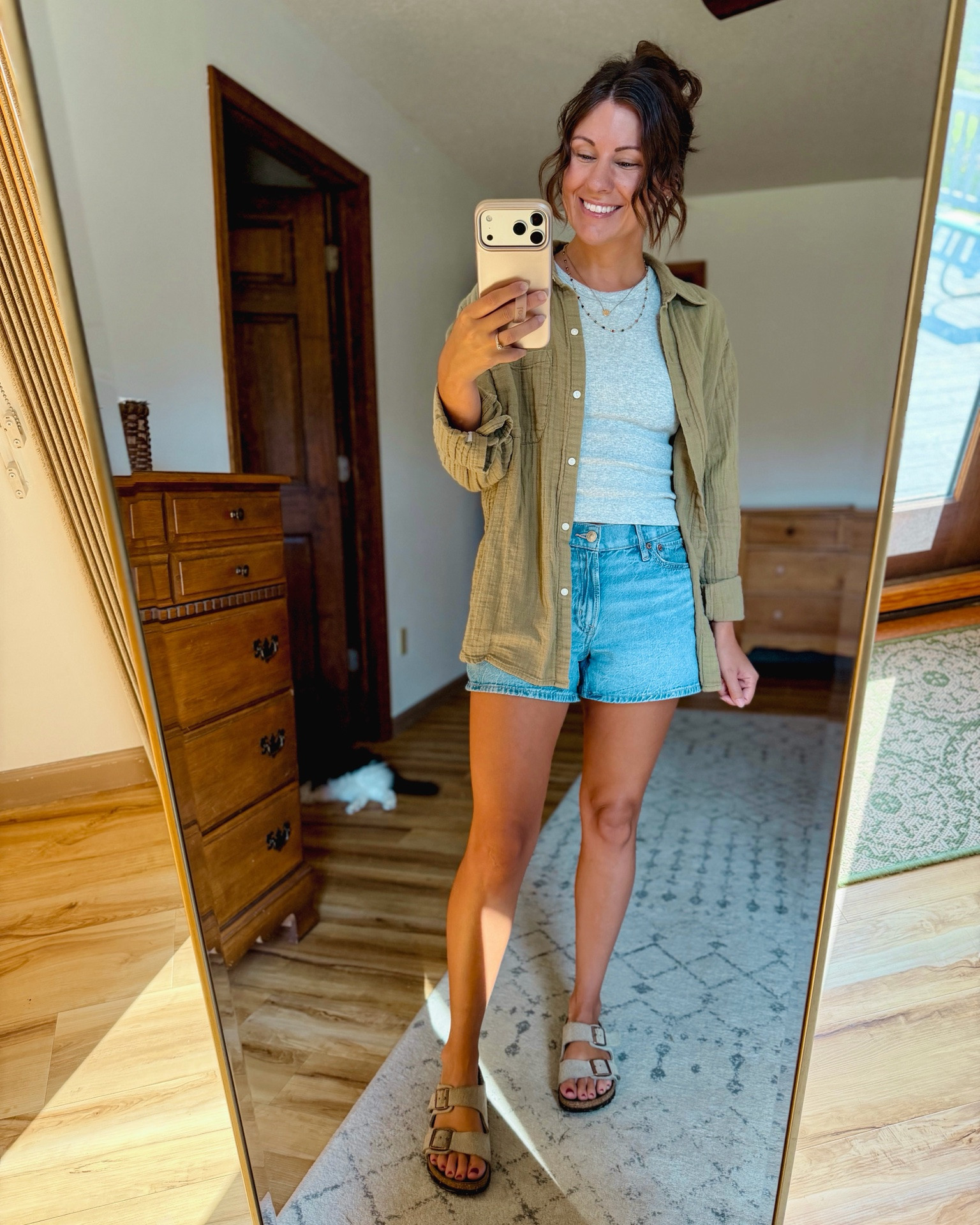 small in my tank (built in bra!), small in my gauze cotton button up and 00 in my denim shorts (dream blue). My birk sandals are size 6.

#LTKPetite #LTKSeasonal #LTKootd