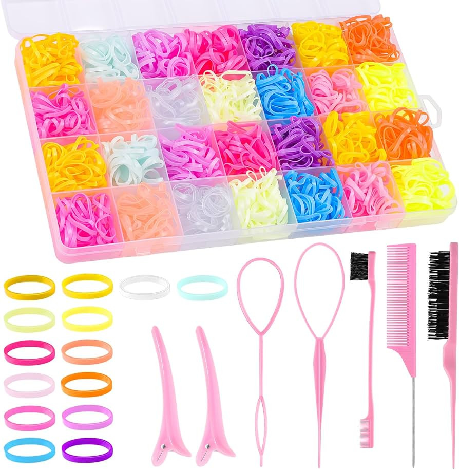 Rubber Bands for Hair with 8 Styling Tools 28 Grid Pastel Hair Elastics Set with Storage Box for ... | Amazon (US)