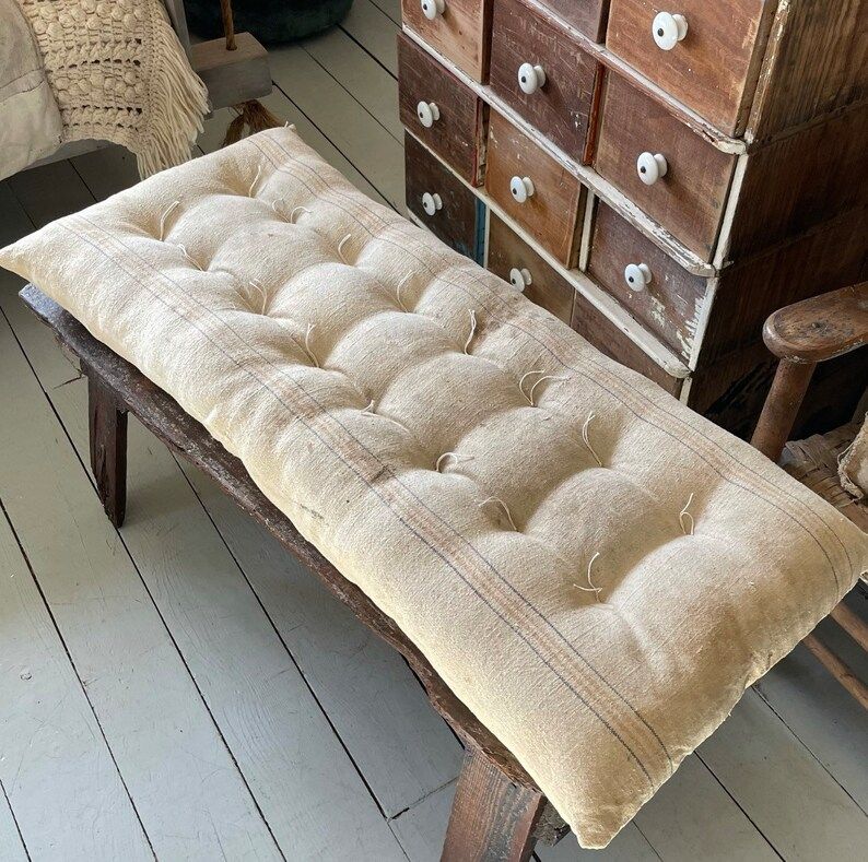 Vintage grain sack tufted cushion/bench/ farmhouse pillow/ mattress pad/ bedding/ antique | Etsy (US)