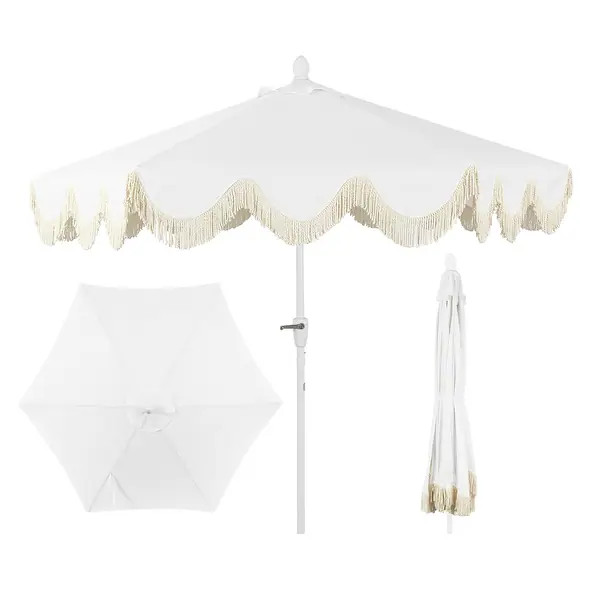 Collins Bohemian Fringe Outdoor Patio Umbrella with Crank Lift and Tilt, Scalloped UV-Resistant C... | Bed Bath & Beyond