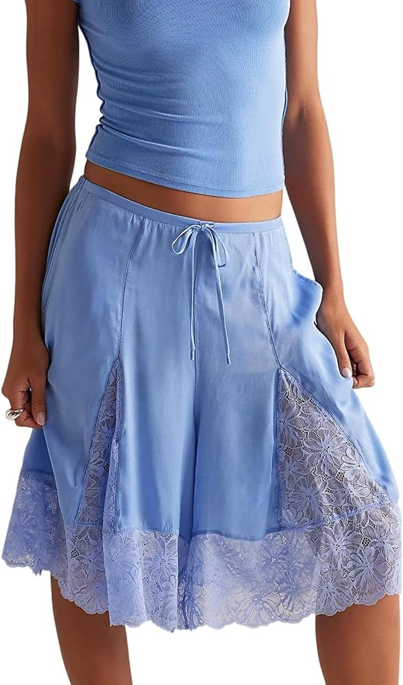 Womens Lace Patchwork Wide Leg Half Slip Ruffle Hem Flowy Shorts with Pockets Y2k Bloomer Skort S... | Amazon (US)