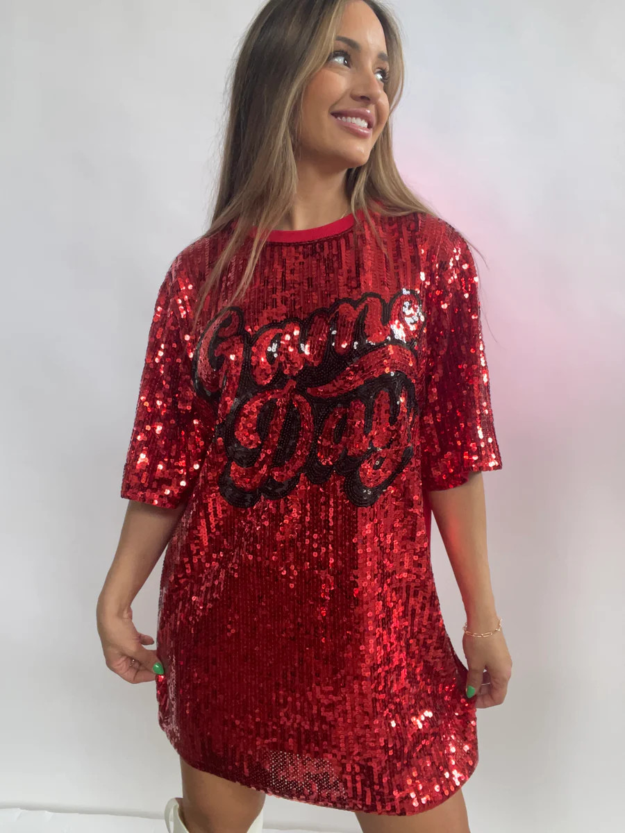 Game Day Lettering Sequin Dress - Red | Willow Boutique