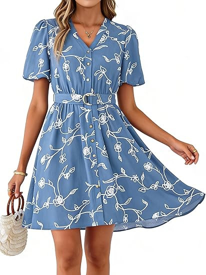BerryGo Womens Summer Casual Floral Dress Short Sleeve V Neck Button Down A-Line Mini Dress with ... | Amazon (US)