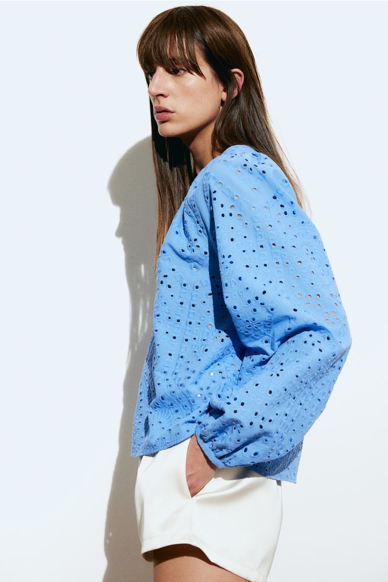 Blouse with Eyelet Embroidery - Blue - Ladies | H&M US | H&M (US + CA)