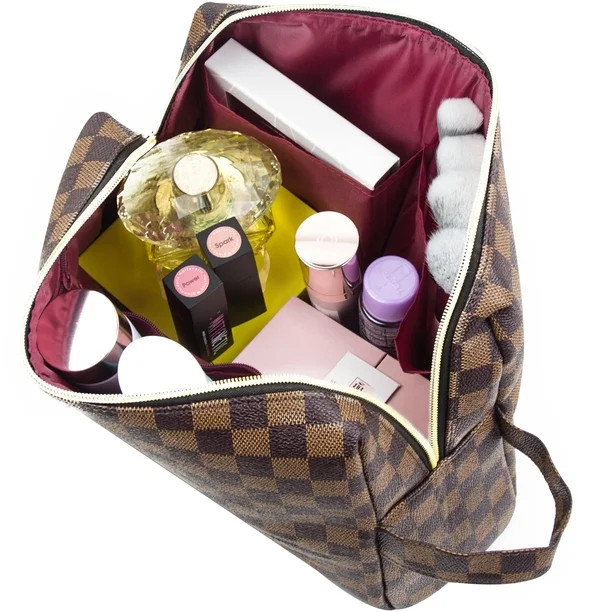 LUXOURIA Travel Brown Checkered Makeup Bag Luxury Desing Cosmetics Bag | Walmart (US)