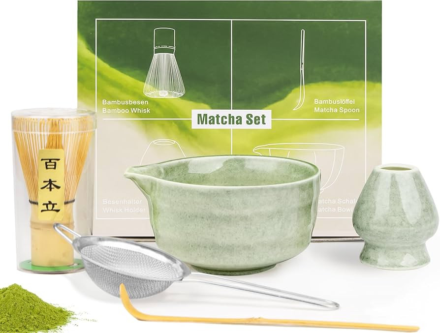Matcha Set, Line Cyan Ceramic Matcha Whisk Set Includes Matcha Bowl with Pouring Spout, Matcha Wh... | Amazon (UK)