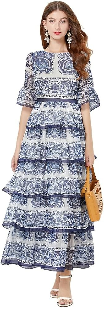 Summer Blue and White Porcelain Printed Cake Layer Dress | Amazon (US)