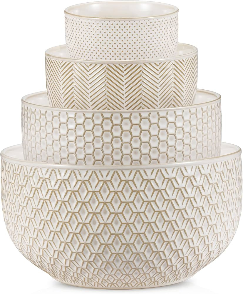 KooK Ceramic Mixing Bowls, Nesting Bowls, Set of 4, Embossed Kitchen Bowls, Prep, Serving, Gift, ... | Amazon (US)