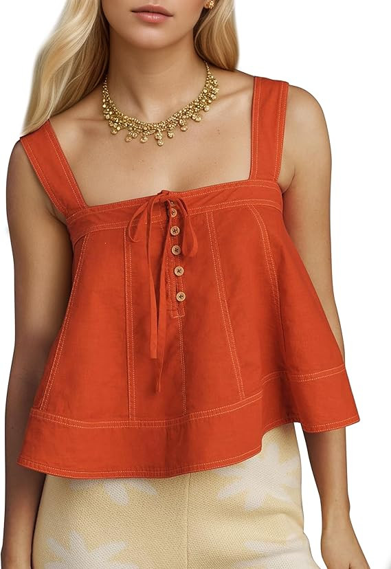 MISSACTIVER Linen Tank Tops for Women Sleeveless Square Neck Button Down Pleated Peplum Tops Flow... | Amazon (US)