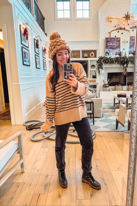 Cozy go to winter outfit! This sweater feels like a blanket. Wearing size small- lots of colors. Straight leg black jeans and combat boots on sale. My beanie is old 

#LTKshoecrush #LTKfindsunder100 #LTKsalealert