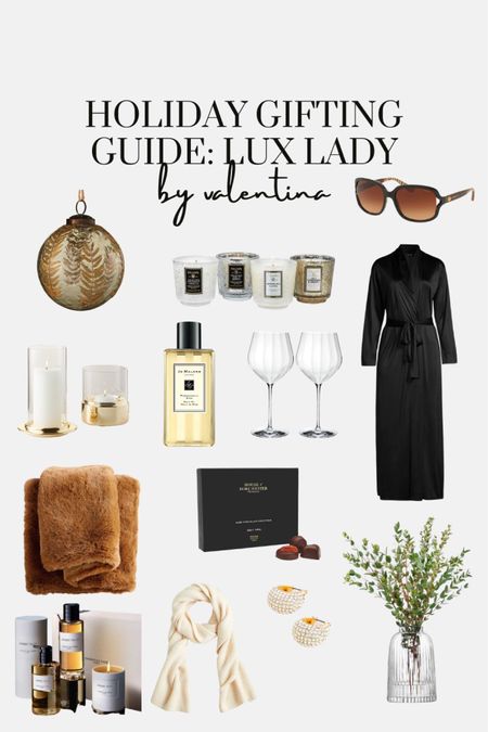 Holiday gift guide, gift guide for her, Christmas gift ideas, festive season, Jo Malone, long satin coat, chocolates, faux fur throw, wine glasses, candle holders 

#LTKGiftGuide #LTKSeasonal #LTKHoliday
