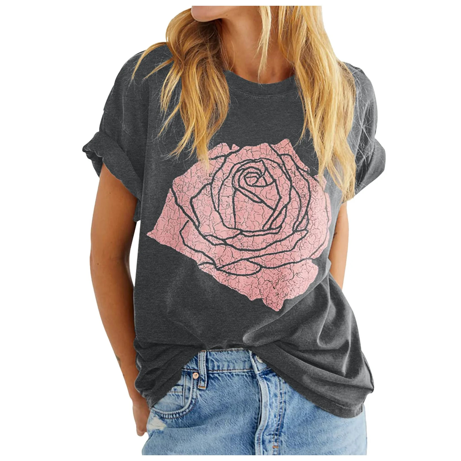 Tshirts for Women Rose Graphic Loose Fit Summer Short Sleeve Boyfriend Casual Crew Neck Tees Wome... | Walmart (US)