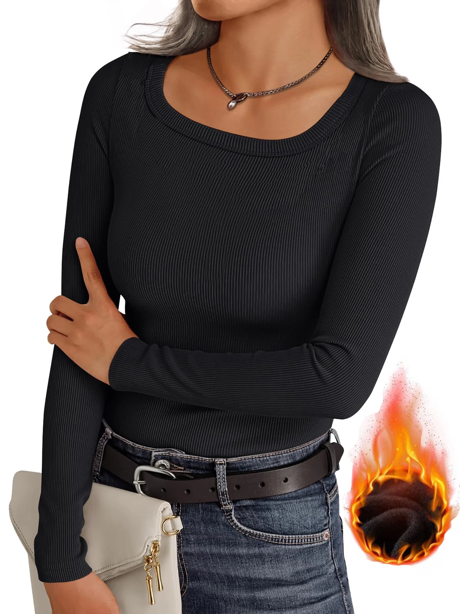 MOSHU Thermal Tops for Women Scoop Neck Slim Fit Basic Top Ribbed Thermal Undershirts Layering Te... | Walmart (US)