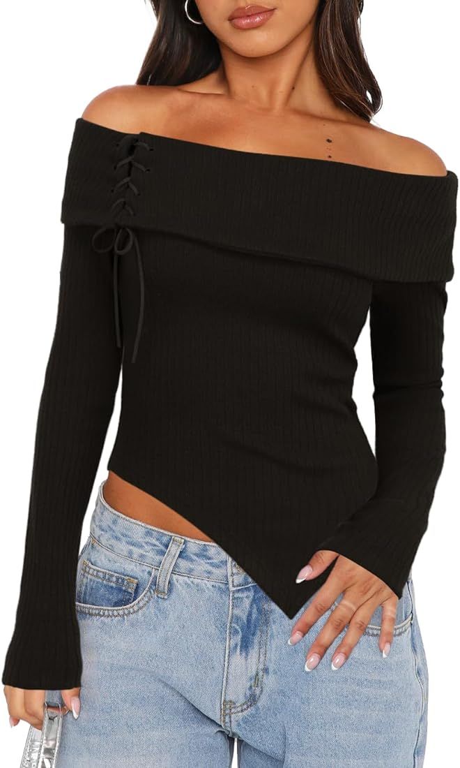 Darong Women's Off Shoulder Sweater Tops Long Sleeve Ribbed Knit Asymmetrical Slim Fit Pullover S... | Amazon (US)