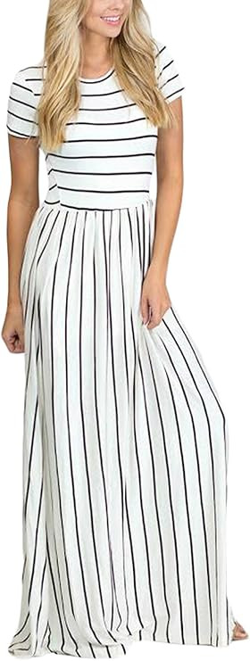 HOTAPEI Women's Summer Casual Loose Striped Maxi Dress Short Sleeve Dress with Pocket | Amazon (US)
