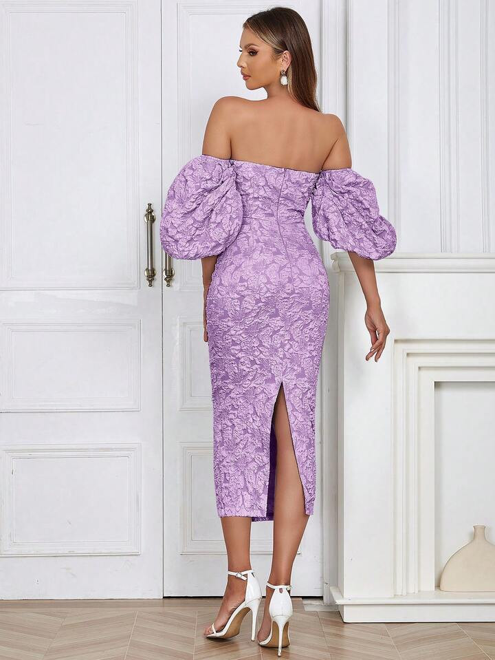 Off Shoulder Puff Sleeve Split Back Floral Jacquard Dress | SHEIN