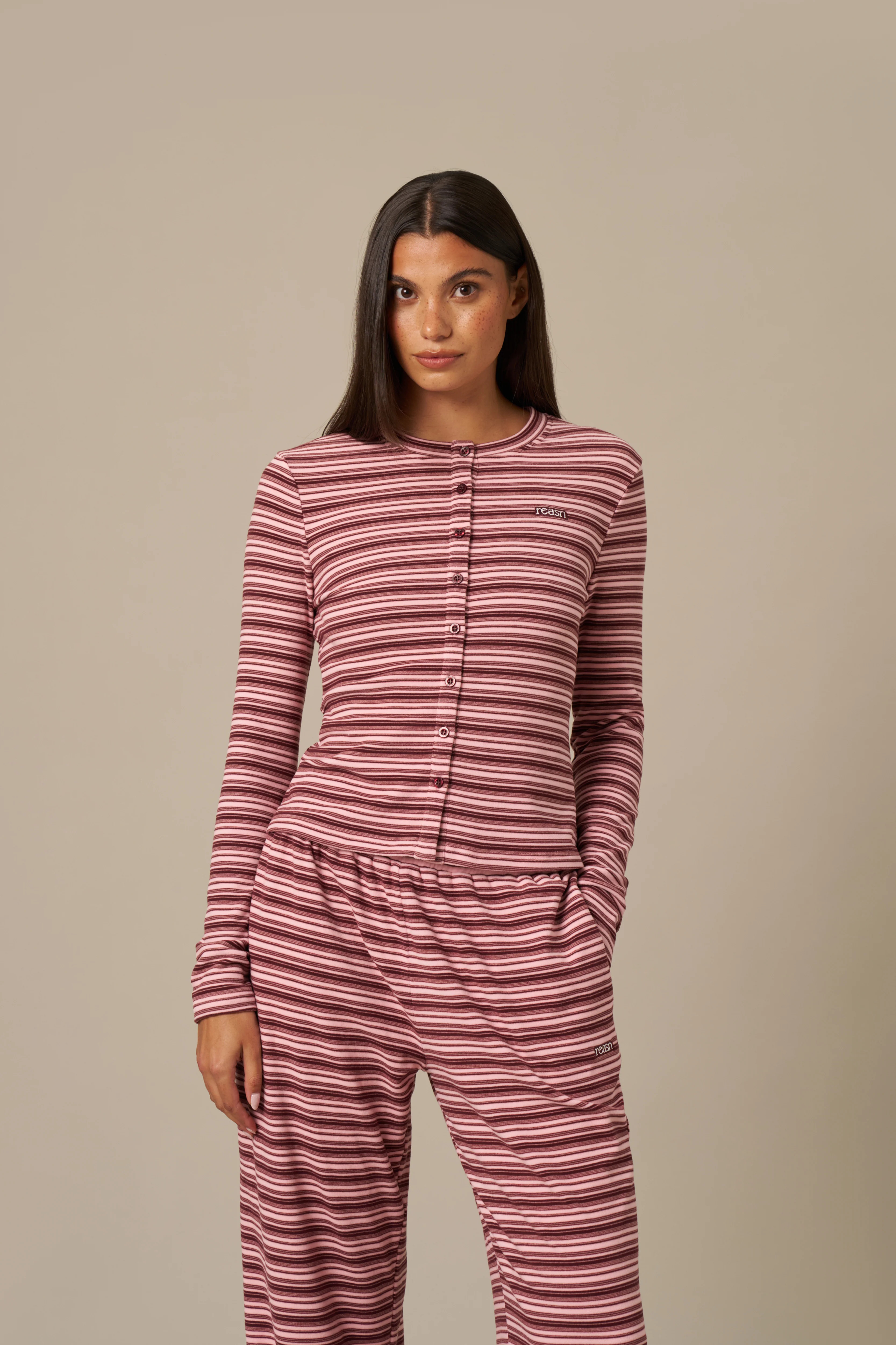 Fleece Stripe Button Front Long Sleeve Top - Berry Pink | Reasn