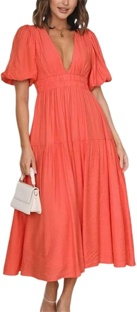 HOULENGS Women's Deep V Neck Puff Short Sleeve Tiered Dress Elastic High Waist Flowy A Line Midi ... | Amazon (US)