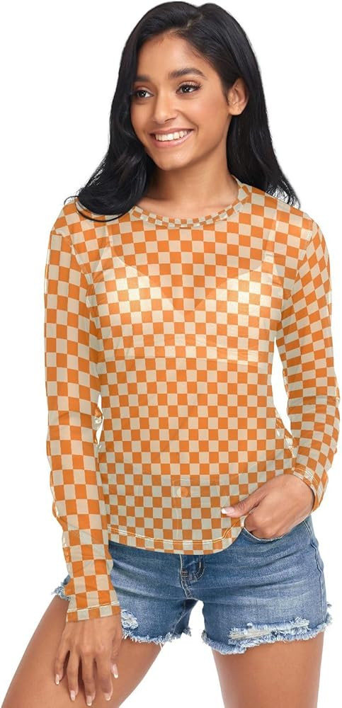 ALAZA Orange Yellow Checkered Plaid BlacWomen's Mesh Long Sleeve Sheer T Shirt See Through Top Bl... | Amazon (US)