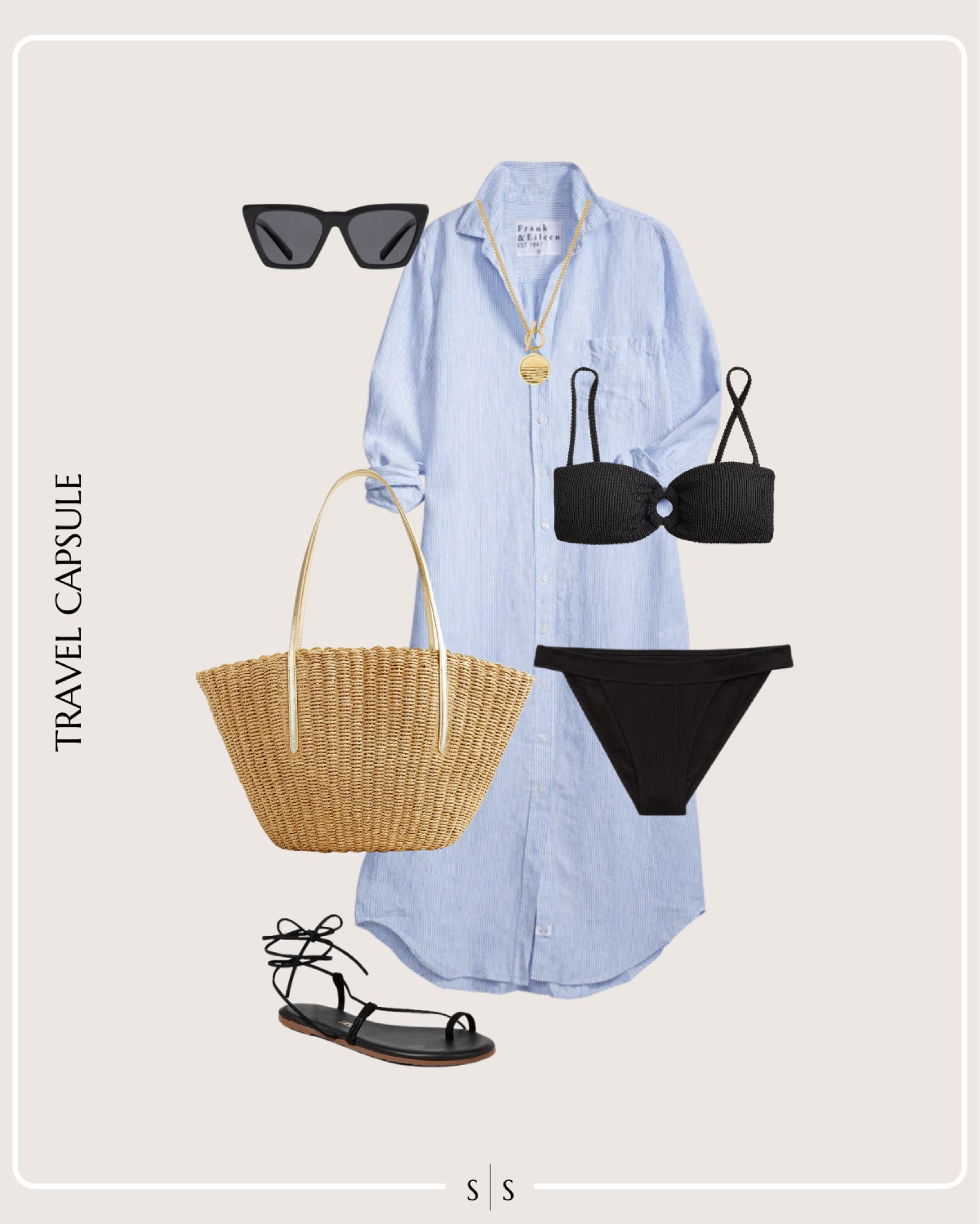Summer Vacation Travel Capsule Wardrobe outfit idea | striped shirt dress, black bikini, straw tote bag, black lace up sandals, sunglasses, coin necklace 

See the entire Summer Vacation Travel Capsule Wardrobe on thesarahstories.com ✨ 


#LTKStyleTip
