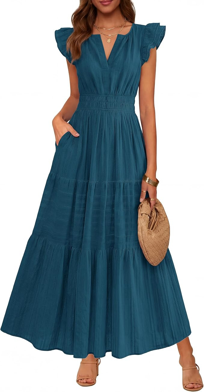 BTFBM Womens Summer Maxi Dress 2026 Spring Boho Vacation Ruffle Flutter Short Sleeve A Line Tiere... | Amazon (US)