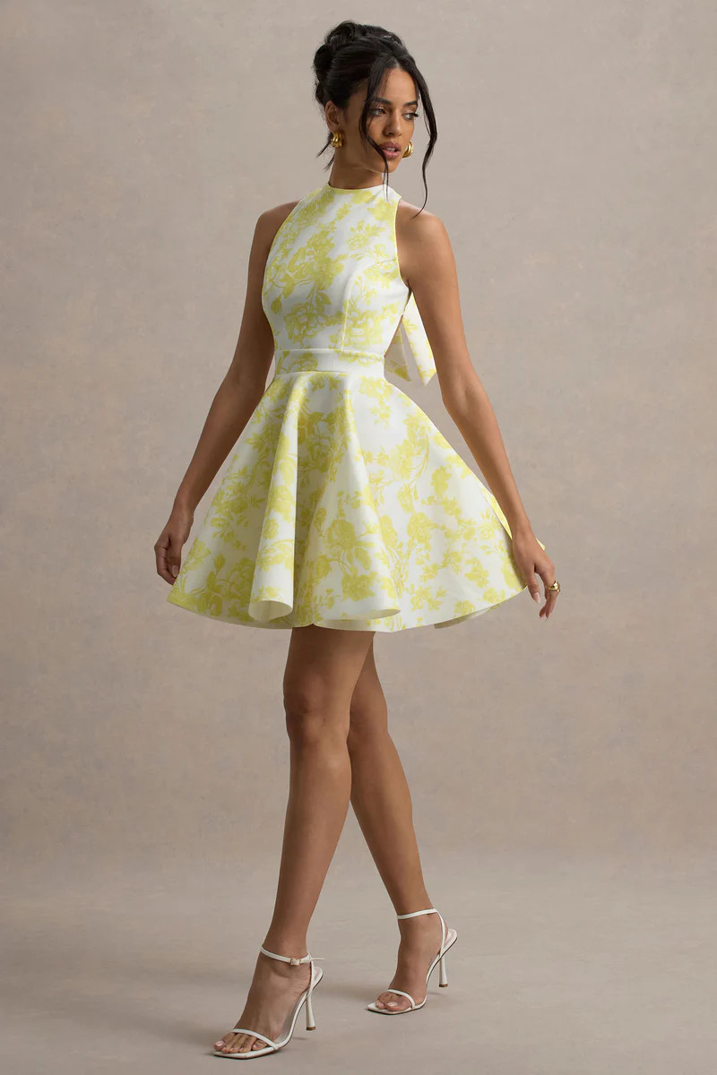 Waverly | Yellow Porcelain Print Racer-Neck Sleeveless Skater Mini Dress | Club L London