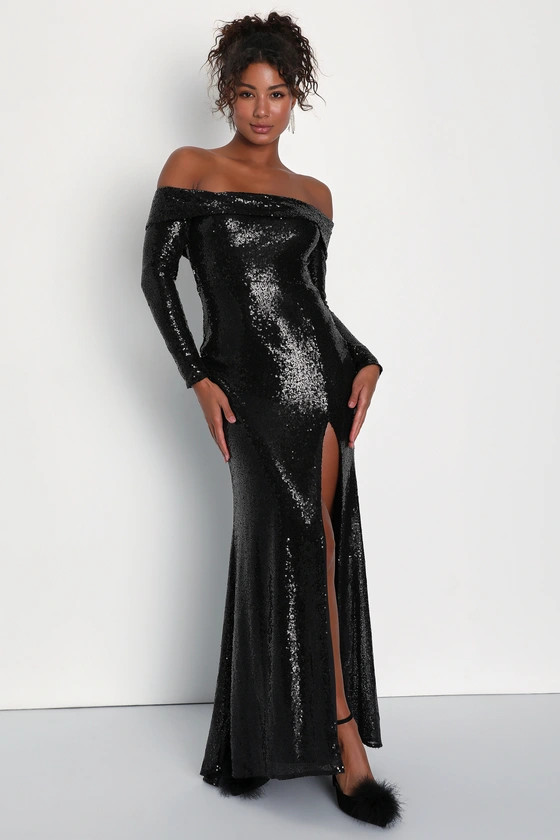 Party Icon Black Sequin Off-the-Shoulder Long Sleeve Maxi Dress | Lulus (US)