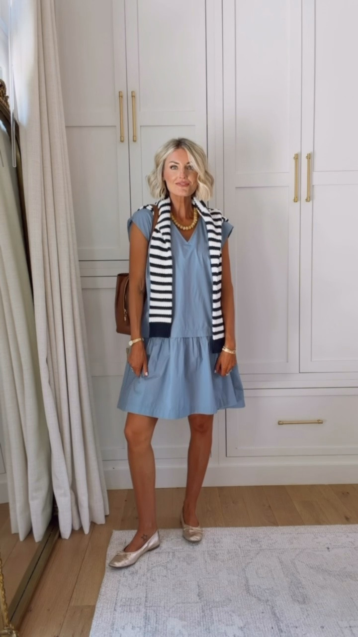 A navy striped sweater layered over the shoulders is such a chic way to finish a look- so easy and makes such a difference! Wearing XS 

Loverly grey, loft dress, blue ruffle mini dress, workwear summer, teacher outfit ideas, women’s affordable capsule wardrobe

#LTKSeasonal #LTKWorkwear