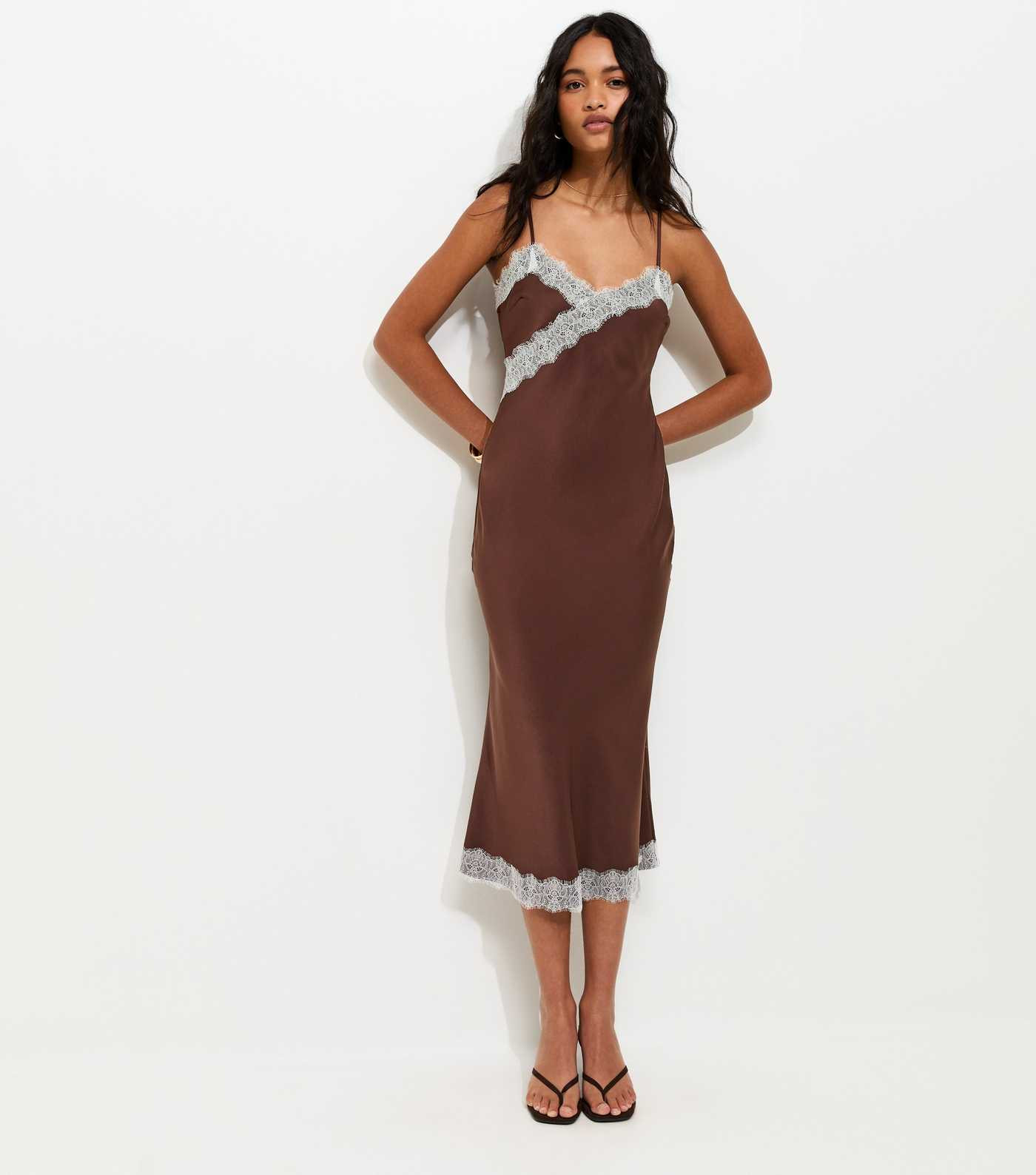 Brown Lace Trimmed Satin Midi Dress | New Look | New Look (UK)
