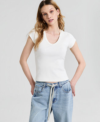 And Now This Women's V-Neck Rib-Knit Short-Sleeve T-Shirt, Macy's Exclusive - Macy's | Macy's