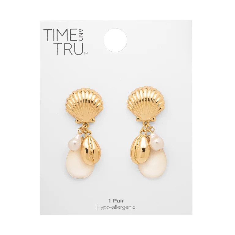 Time and Tru Women's Gold Tone Metal Drop Earrings Faux Pearl Shell Dangle Design | Walmart (US)