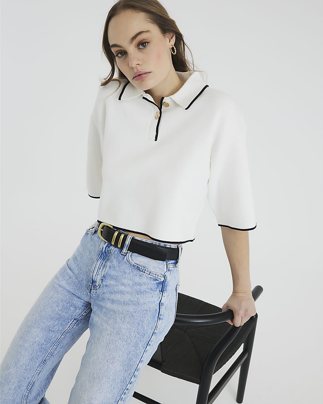 Cream Boxy Cropped Knit Polo Top | River Island UK & IE
