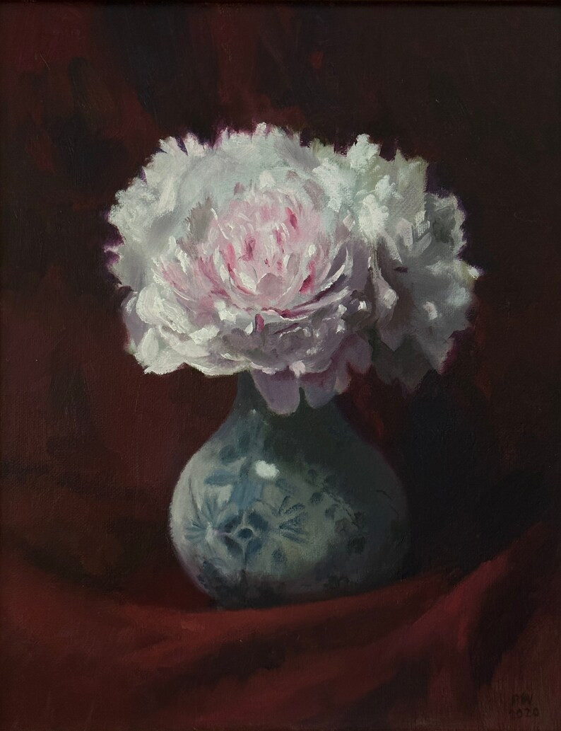 White Peonies in a Blue Vase by Patrick Welsh Original Fine Art, Oil Painting Still Life Painting... | Etsy (US)