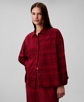 Women's Plaid Collar Neck Long Sleeve Sleep Shirt-QS7533 | Macy's