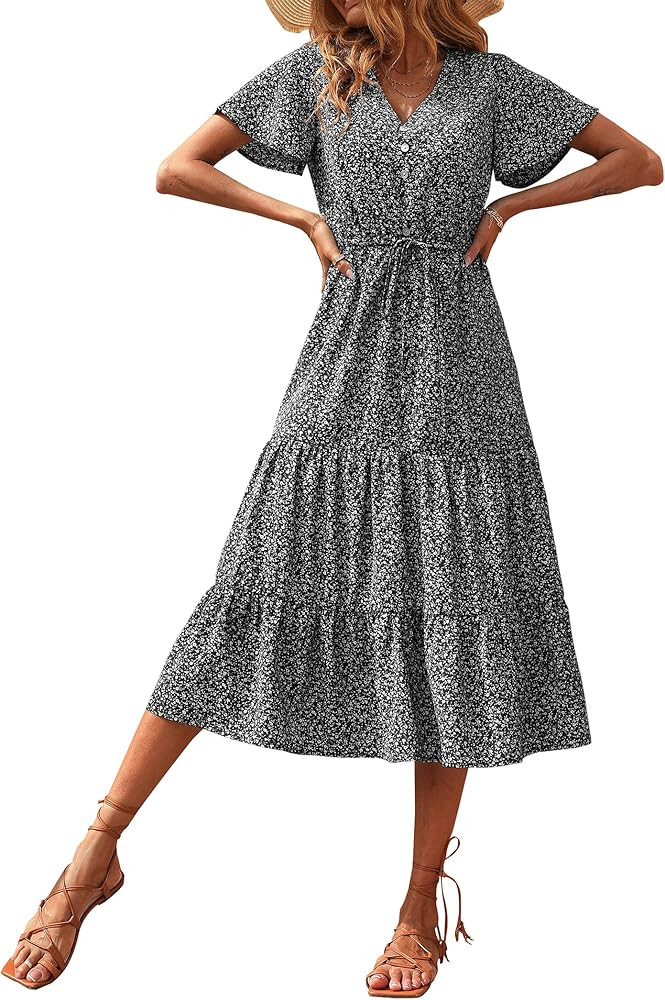 PRETTYGARDEN Women's Floral Boho Dress Casual Short Sleeve V Neck Ruffle Tiered 2023 Summer Swing Ma | Amazon (US)