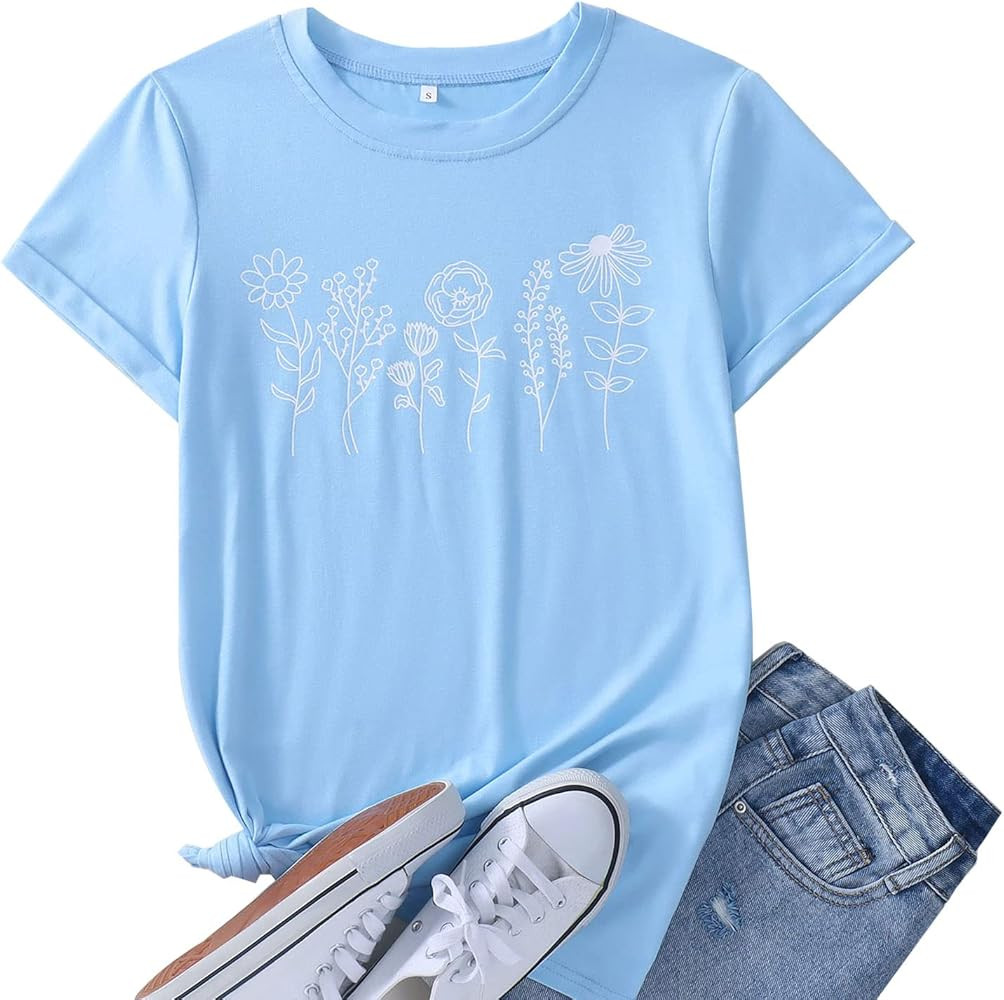 Women Summer Wildflower Graphic T Shirt Loose Floral Printed Blouse Top Girl Flower Short Sleeve ... | Amazon (US)
