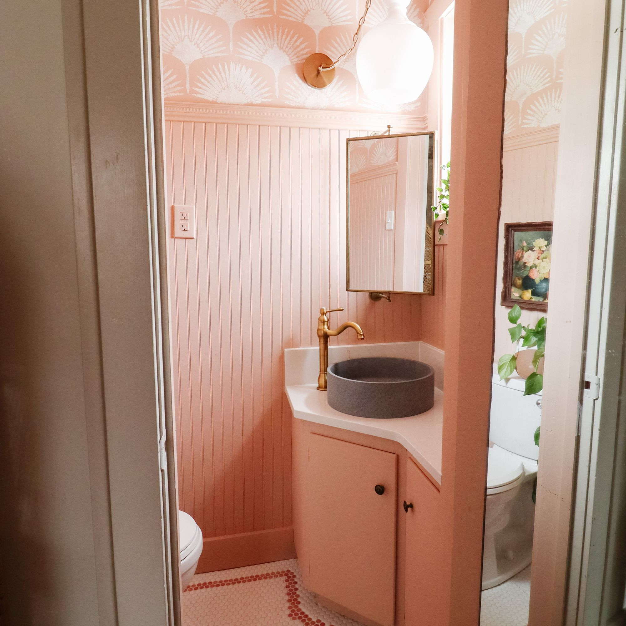 This is an older renovation, but I still get questions about it! Pink beadboard, painted stencil wall, and brass details. Linking what I can here. 

 #LTKHome