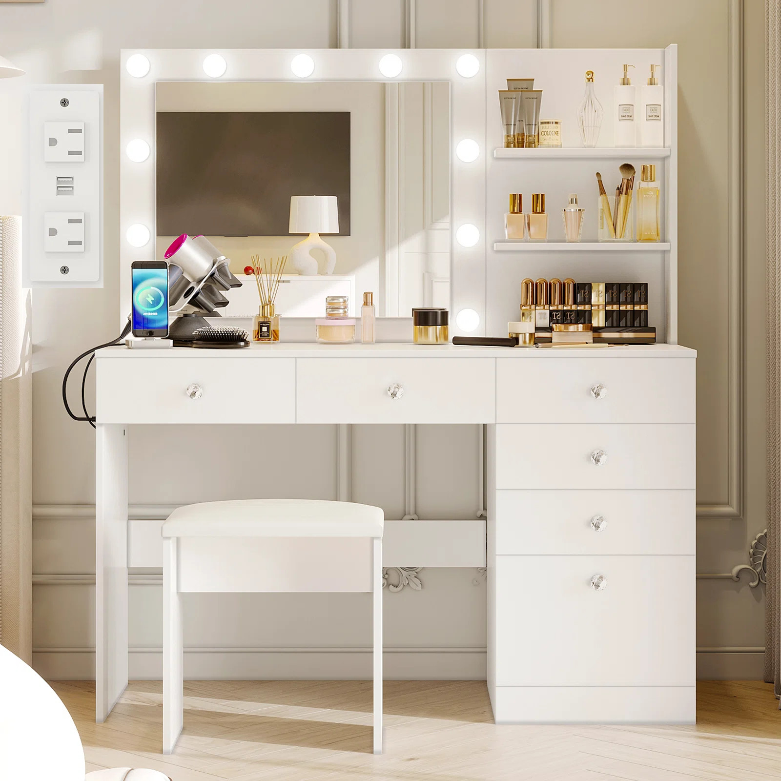 Ebern Designs Reyhana Makeup Vanity with Lighted Mirror, Outlets and 6 Drawers & Reviews | Wayfai... | Wayfair North America