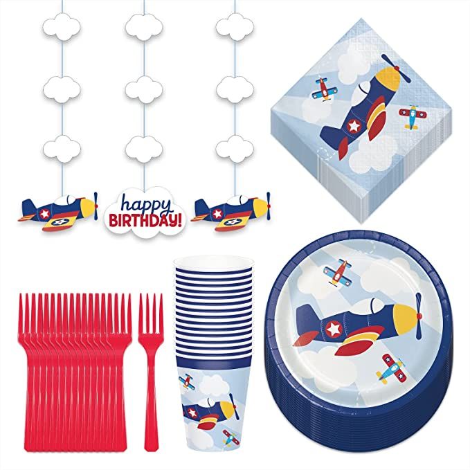 Airplane Party Little Flyer Paper Dessert Plates, Napkins, Cups, Forks, Table Cover, and Hanging ... | Amazon (US)