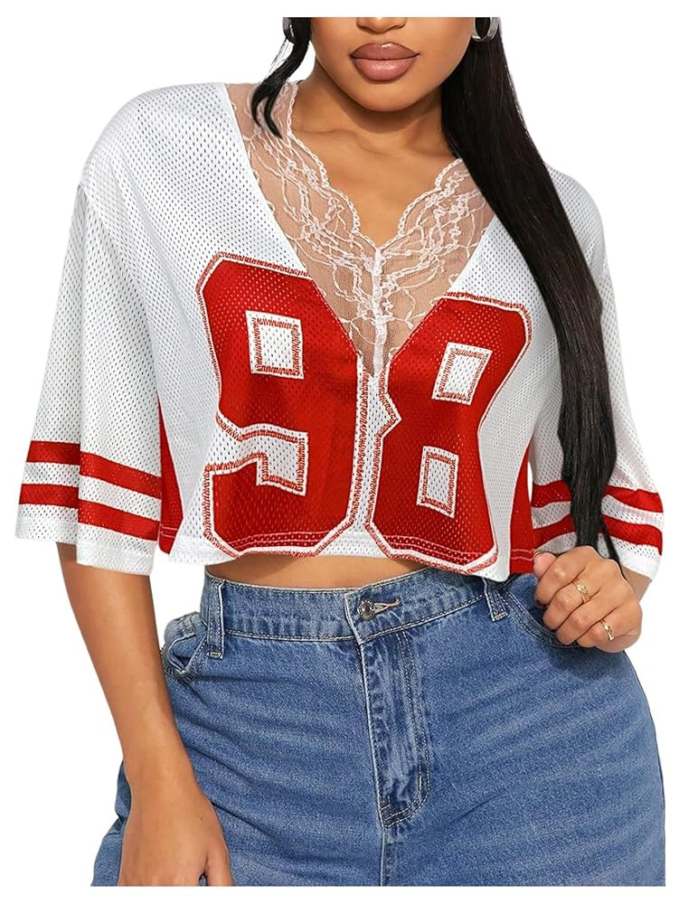 SOLY HUX Women's Number Graphic Tees Lace V Neck Half Sleeve Crop Tops Jersey Shirt Y2k Streetwea... | Amazon (US)