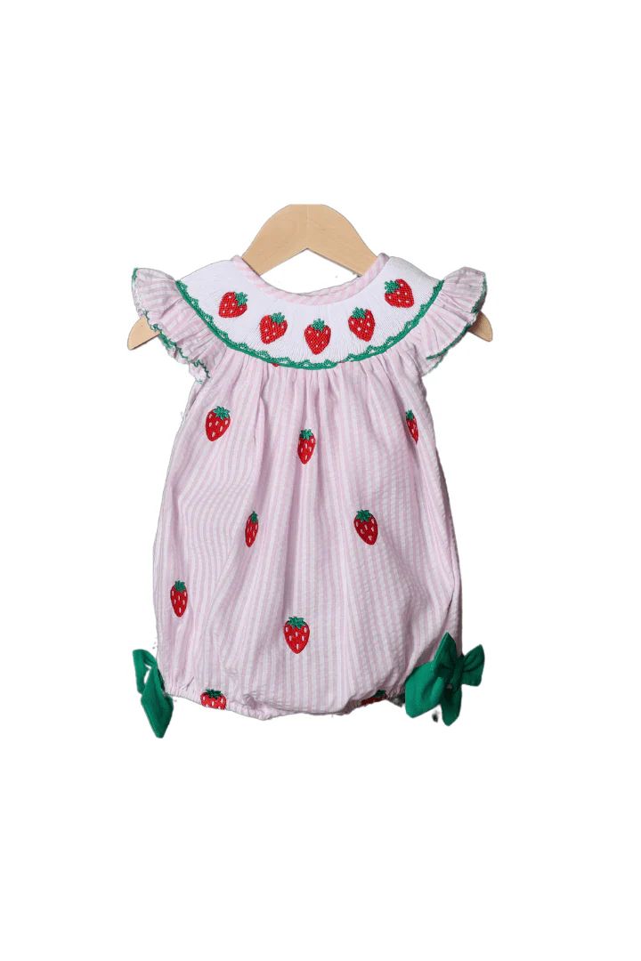 Smocked Strawberry Pink Seersucker Bubble | The Smocked Flamingo