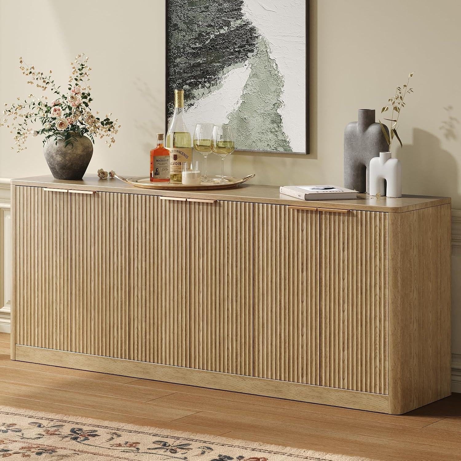 67" Fluted Oak Buffet Cabinet Sideboard with Storage, Large Credenza with 6 Doors, Wood Mid Century Modern Sideboard for Kitchen and Living Room (67"*31.5"*15.7") | Amazon (US)