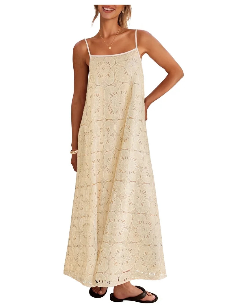 Merokeety Womens Summer Spaghetti Maxi Dress Sleeveless Floral Lace Eyelet Beach Sundress Apricot... | Walmart (US)