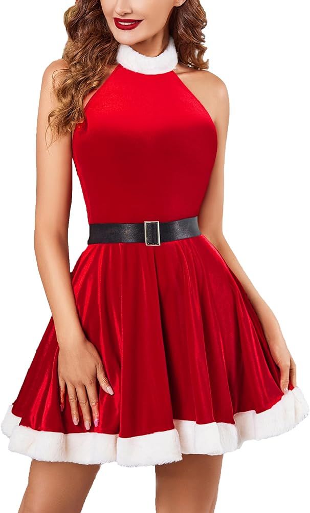 Avidlove Women's Halter Neck Mini Dress Sexy Christmas Dress A Line Velvet Party Dress Santa Dres... | Amazon (US)