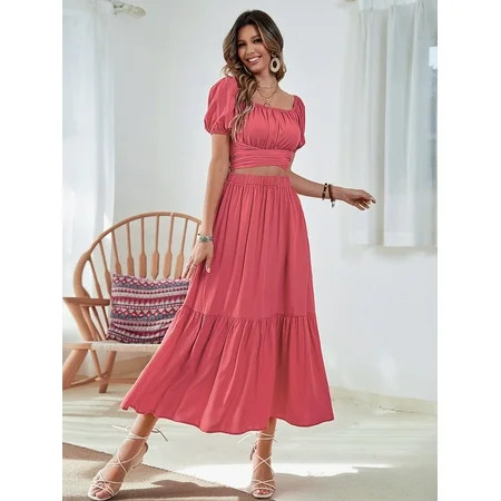 Watermelon Pink Boho Women s Puff Sleeve Tie Back Crop Top Ruffle Hem Skirt Set L(8/10) Y22016D-3 | Walmart (US)