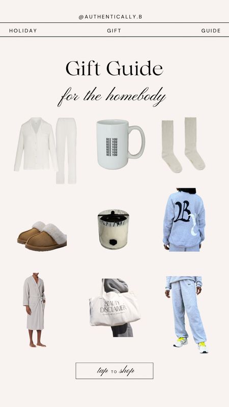 Gift guide for the cozy homebody! Coffee mug, 3 wick candle, top rated house slippers, grey sweat pants, crew neck sweatshirt, cozy pajama set and an oversized tote bag  

#LTKHoliday #LTKSeasonal #LTKGiftGuide
